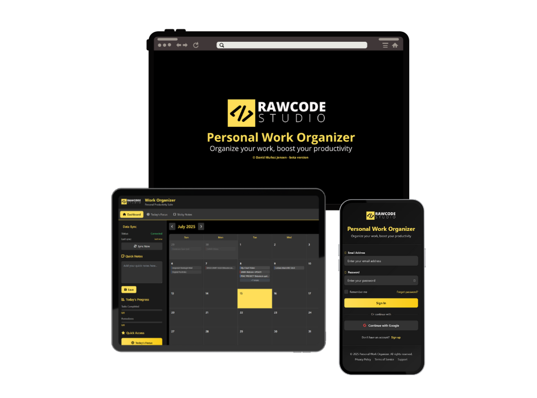Dashboard screens from Personal Work Organizer